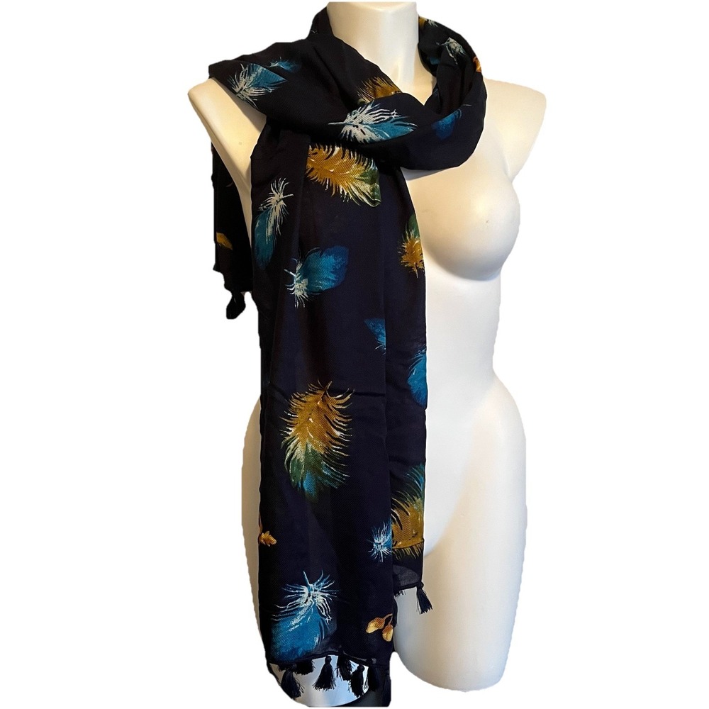 Echo For Talbots Fringed Scarf Navy Blue Wrap Viscose Fall Feather Boho Chic New